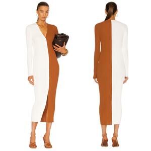 Staud Sweater Dress Womens Small Cream Brown Midi Shoko Colorblock Ribbed Knit